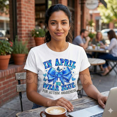 "April We Wear Blue" Autism Awareness T-Shirt â Coquette Bow Puzzle Piece Graphic Tee, Premium 100% Cotton Neurodiversity Top, Soft Lived-In Heavyweight Acceptance Month Shirt, Made in USA
