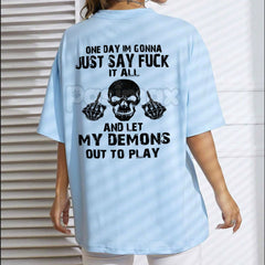 "FUCK IT ALL" Defiant Skeleton T-Shirt - Men's Sarcastic Slogan Tee, Dark Humor Graphic Apparel, Rebellious Attitude Streetwear