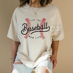 "Livin' That Baseball Mom Life" Short Sleeve Crew Neck - Premium 100% Cotton Baseball Mom Graphic Tee, Game Day Sports Mom Gift, Soft Lived-In Heavyweight Bleacher Life Shirt, Cactus & Clay Aesthetic Baseball Top, Made in USA Team Mom Apparel