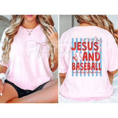"2 Sides: Jesus & Baseball" Coquette T-Shirt â Cute Christian Athlete Graphic Tee, Premium 100% Cotton Pink Bow Baseball Top, Soft Lived-In Heavyweight Faith & Sports Shirt, Made in USA