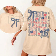 "American Honey" Coquette 4th Of July T-Shirt â Girly Vintage USA Graphic Tee, Premium 100% Cotton Independence Day Top, Soft Lived-In Heavyweight Retro Merica Shirt, Made in USA