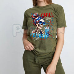 "Chill The Fourth Out" Patriotic Skeleton T-Shirt â 2026 Spring & Summer Men's Graphic Tee, Premium 100% Cotton 4th of July Top, Soft Lived-In Heavyweight Americana Skeleton Shirt, Made in USA