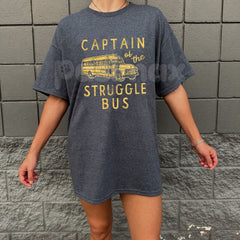 "Captain of The Struggle Bus" Funny T-Shirt â Sarcastic School Bus Graphic Tee, Premium 100% Cotton Novelty Humor Top, Soft Lived-In Heavyweight Relatable Parenting Shirt, Made in USA