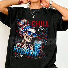 "Chill The Fourth Out" Patriotic Skeleton T-Shirt â 2026 Spring & Summer Men's Graphic Tee, Premium 100% Cotton 4th of July Top, Soft Lived-In Heavyweight Americana Skeleton Shirt, Made in USA