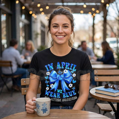 "April We Wear Blue" Autism Awareness T-Shirt â Coquette Bow Puzzle Piece Graphic Tee, Premium 100% Cotton Neurodiversity Top, Soft Lived-In Heavyweight Acceptance Month Shirt, Made in USA