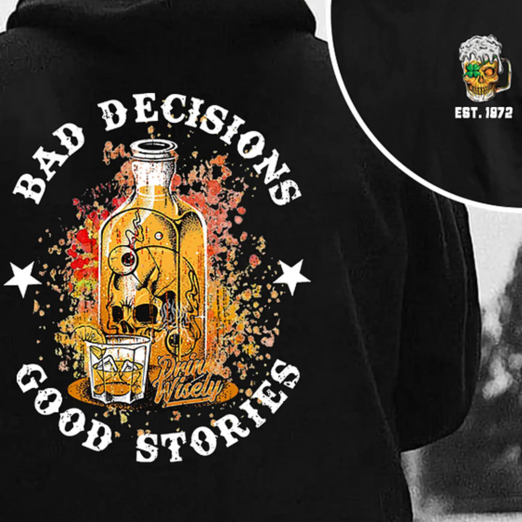 "Bad Decisions Good Stories" Halloween Hoodie â Gen X Pullover, Spooky Nostalgia