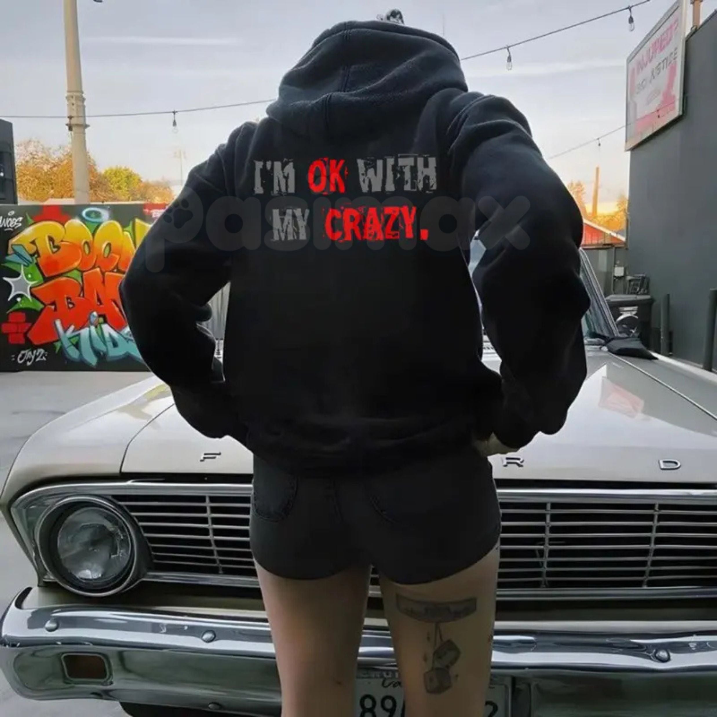 "I'm OK With My Crazy" Funny Graphic Hoodie â Sarcastic Self-Love Pullover, Relatable Humour Aesthetic Sweatshirt, Unisex