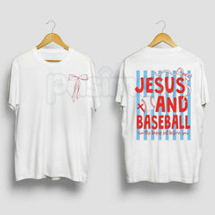 "2 Sides: Jesus & Baseball" Coquette T-Shirt â Cute Christian Athlete Graphic Tee, Premium 100% Cotton Pink Bow Baseball Top, Soft Lived-In Heavyweight Faith & Sports Shirt, Made in USA