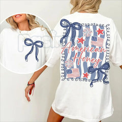 "American Honey" Coquette 4th Of July T-Shirt â Girly Vintage USA Graphic Tee, Premium 100% Cotton Independence Day Top, Soft Lived-In Heavyweight Retro Merica Shirt, Made in USA
