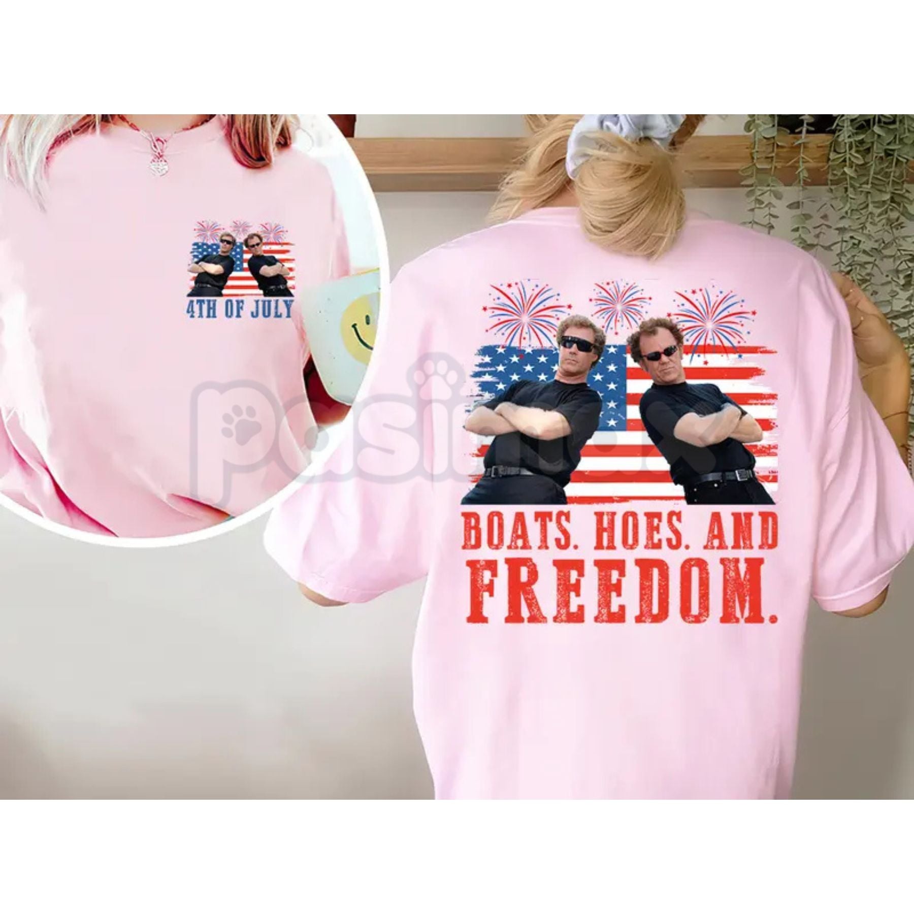 "Boats, Hoes & Freedom" Step Brothers 4th of July T-Shirt â Funny 2-Side Patriotic Graphic Tee, Premium 100% Cotton Independence Day Top, Sarcastic USA Summer Party Apparel, Made in USA