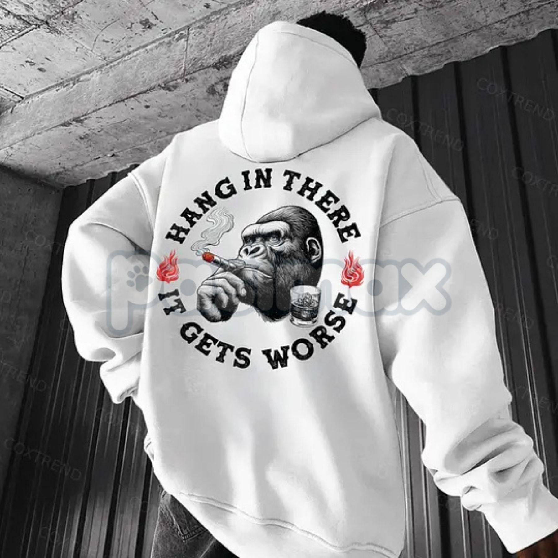 "Hang In There It Gets Worse" Monkey Hoodie â Sarcastic Nihilist Humor Pullover, Funny Nihilism Ape Graphic, Unisex
