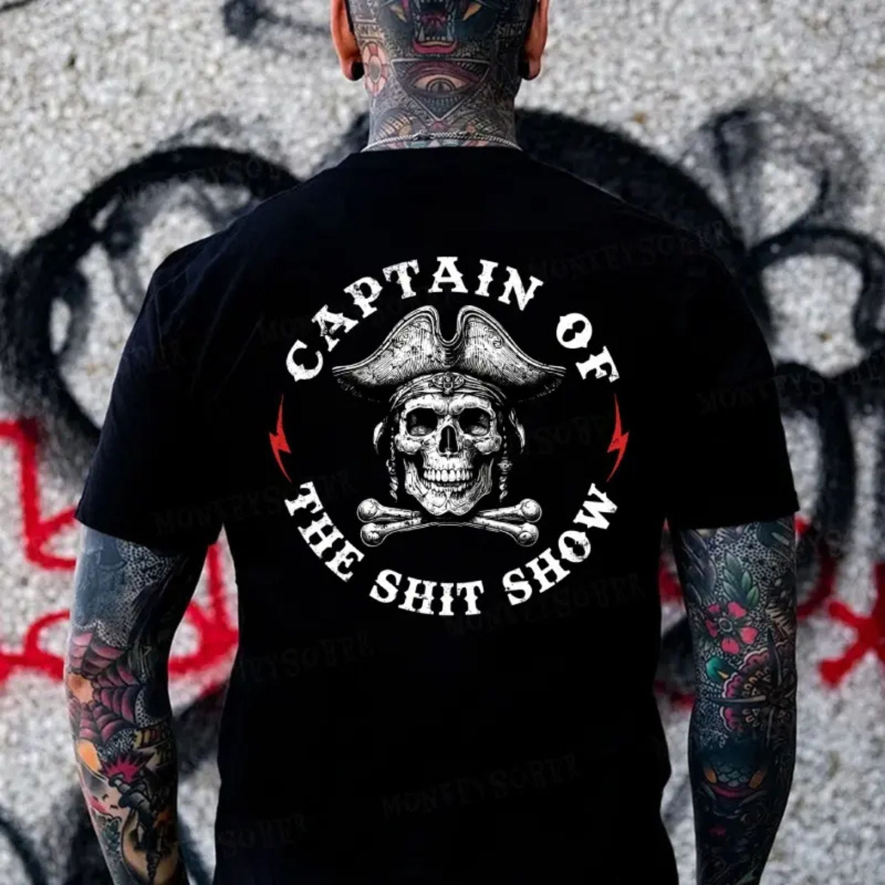 "Captain Of The Shit Show" T-Shirt - Skull Print Men's Tee, Funny & Casual Crewneck Top