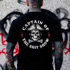 "Captain Of The Shit Show" T-Shirt - Skull Print Men's Tee, Funny & Casual Crewneck Top