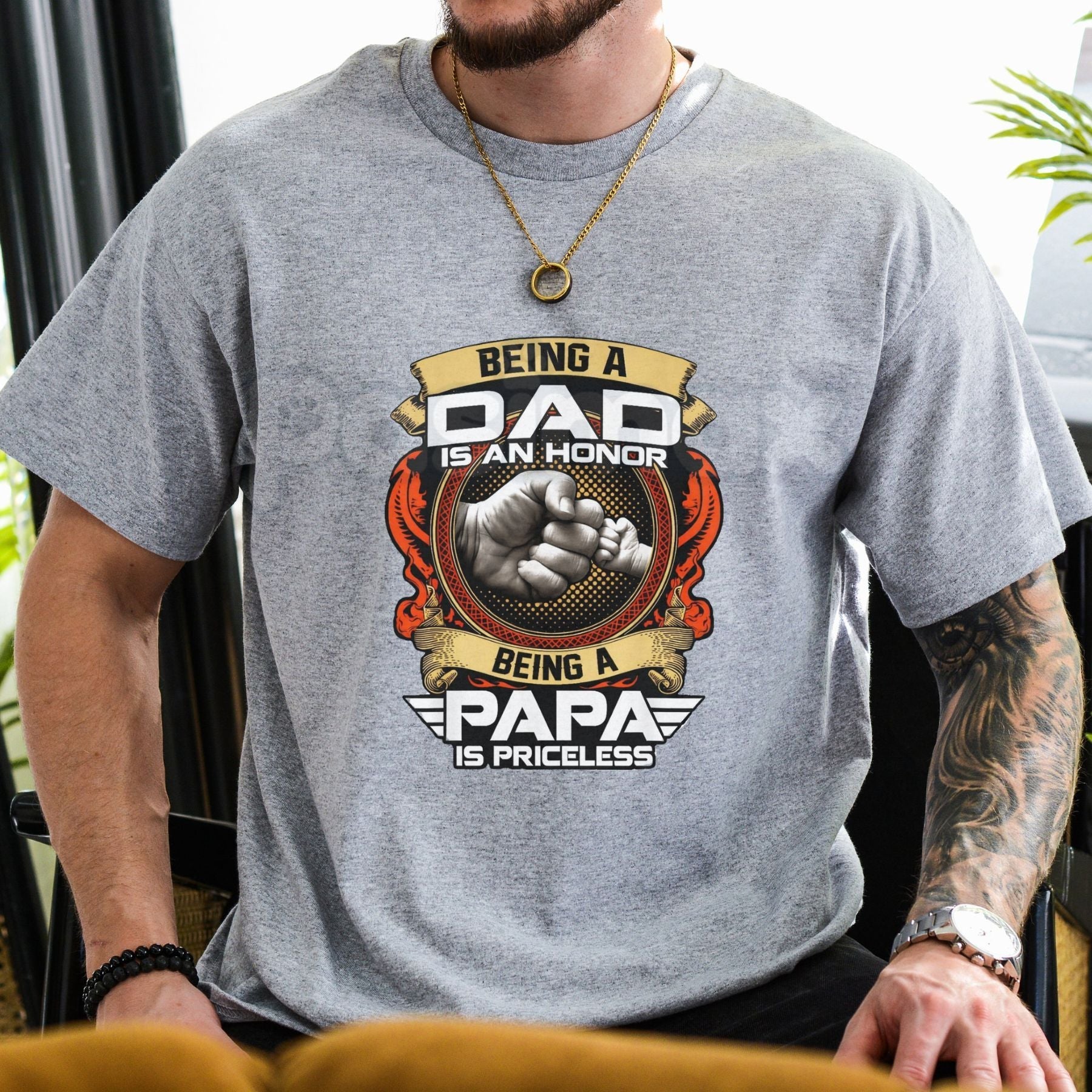 "Being A Papa Is Priceless" Hand Fist Bump T-Shirt â Ultimate Fatherhood Tribute Graphic Tee, Premium 100% Cotton Grandpa Top, Soft Lived-In Heavyweight Family Legacy Shirt, Made in USA
