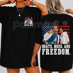 "Boats Hoes and Freedom" 2-Sided T-Shirt â Funny Prestige Worldwide 4th of July Step Brothers Graphic Tee