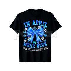 "April We Wear Blue" Autism Awareness T-Shirt â Coquette Bow Puzzle Piece Graphic Tee, Premium 100% Cotton Neurodiversity Top, Soft Lived-In Heavyweight Acceptance Month Shirt, Made in USA