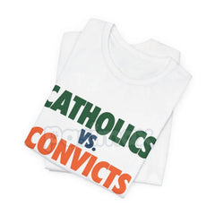 "Catholics vs Convicts" T-Shirt - Notre Dame vs Miami 1988 Rivalry Tee, Vintage College Football History Apparel, Unisex Retro Sports Gift