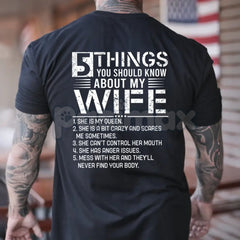 "5 Things You Should Know About My Wife" T-Shirt - Funny Husband Graphic Tee, Couple Statement Shirt, Sarcastic Marriage Gift