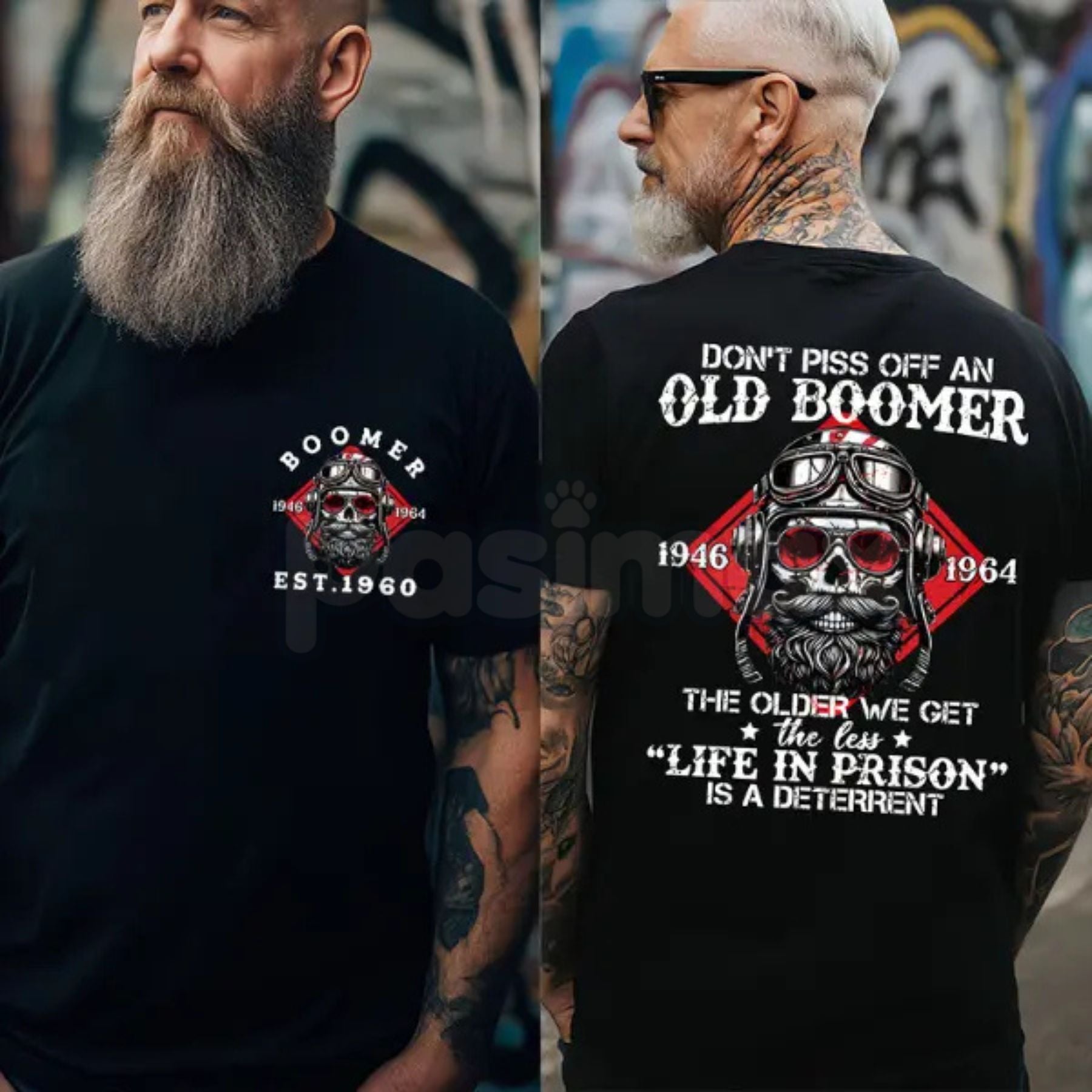 "Don't Piss Off a Boomer" Funny Skull T-Shirt - Customizable Born 1946â1964 Graphic Tee, Premium 100% Cotton Biker Aesthetic Shirt, Tough Grandpa Gift, Vintage Badass Boomer Apparel, Soft Lived-In Heavyweight Sarcastic Top