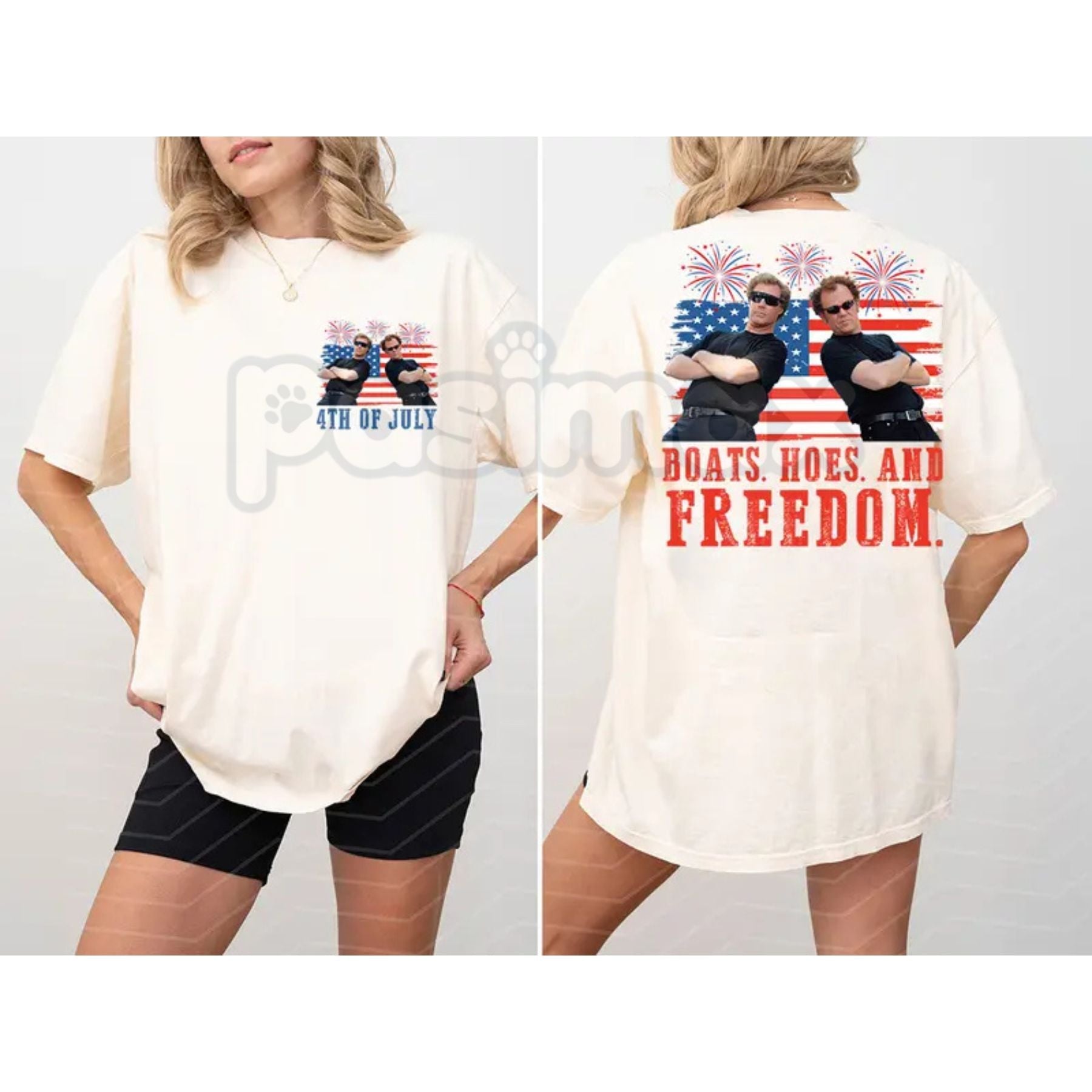 "Boats, Hoes & Freedom" Step Brothers 4th of July T-Shirt â Funny 2-Side Patriotic Graphic Tee, Premium 100% Cotton Independence Day Top, Sarcastic USA Summer Party Apparel, Made in USA
