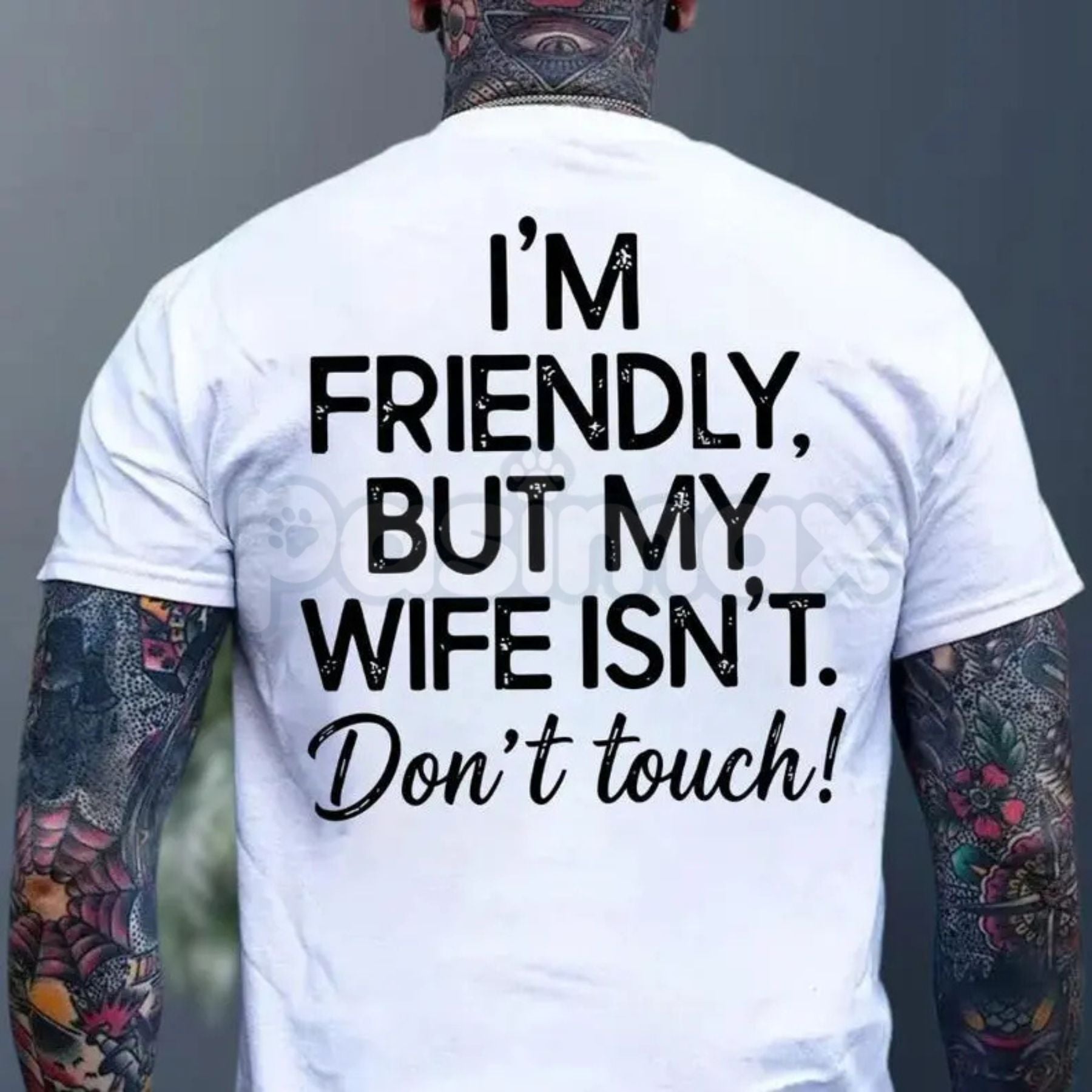 "I'm Friendly But My Wife Isn't" Funny Warning T-Shirt - Sarcastic Marriage Humor Graphic Tee, Premium 100% Cotton Husband Top, Hilarious Warning Label Style Shirt, Unique Anniversary or Father's Day Gift, Soft Lived-In Casual Apparel