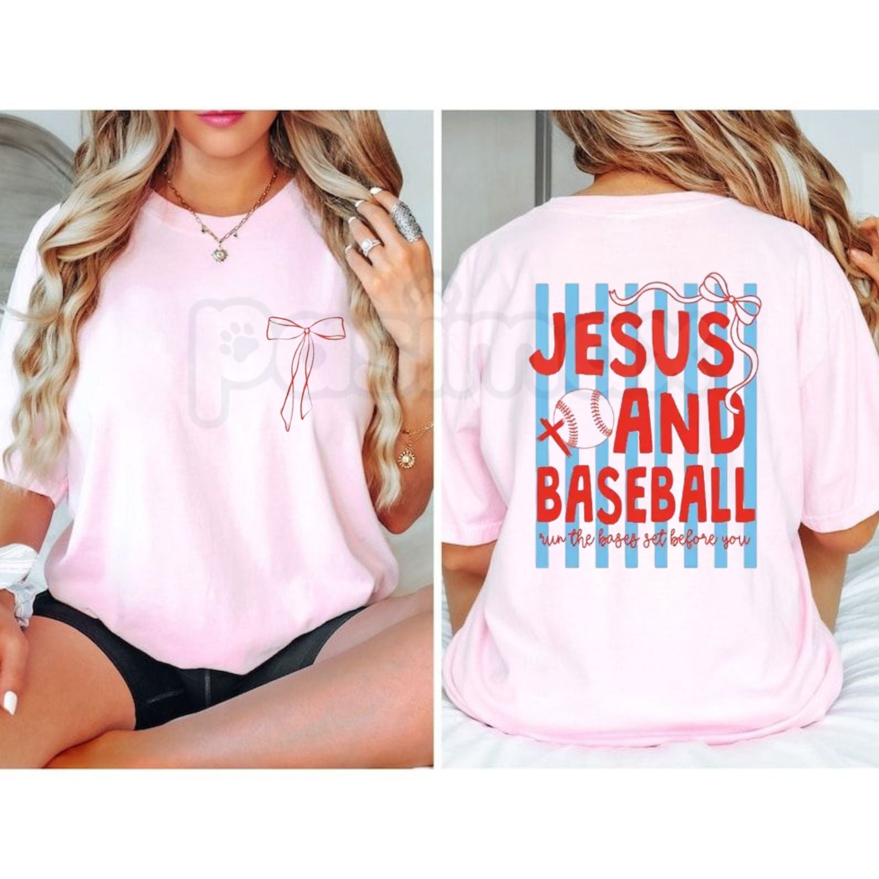 "2 Sides: Jesus & Baseball" Coquette T-Shirt â Cute Christian Athlete Graphic Tee, Premium 100% Cotton Pink Bow Baseball Top, Soft Lived-In Heavyweight Faith & Sports Shirt, Made in USA