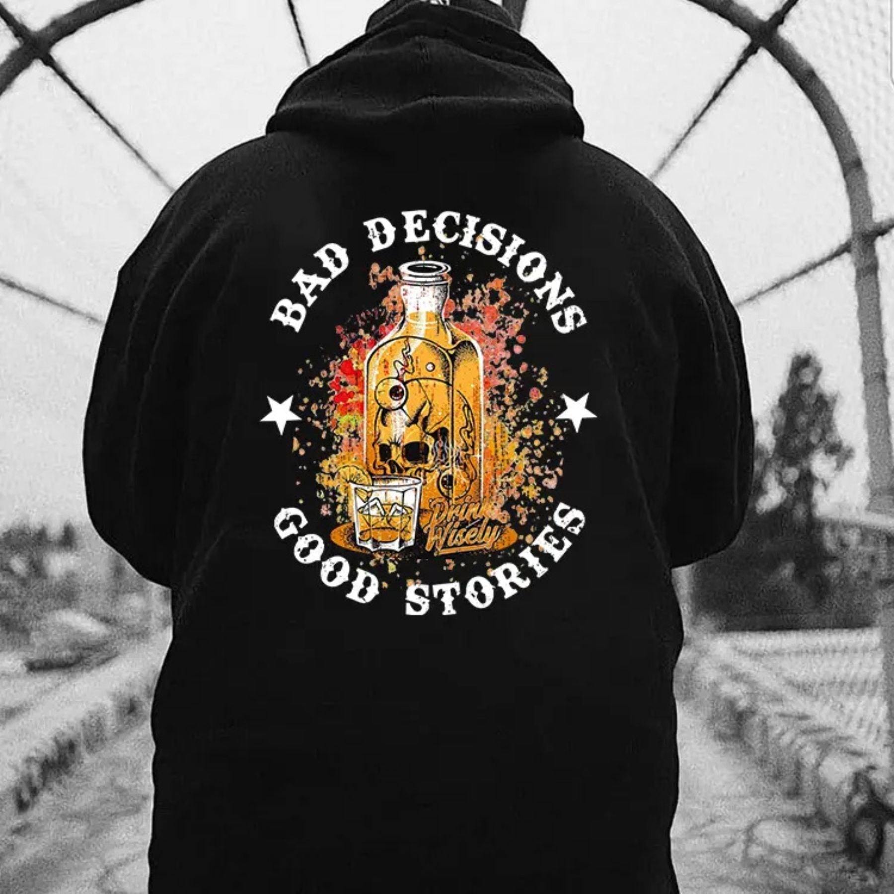 "Bad Decisions Good Stories" Halloween Hoodie â Gen X Pullover, Spooky Nostalgia