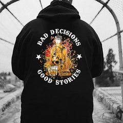"Bad Decisions Good Stories" Halloween Hoodie â Gen X Pullover, Spooky Nostalgia