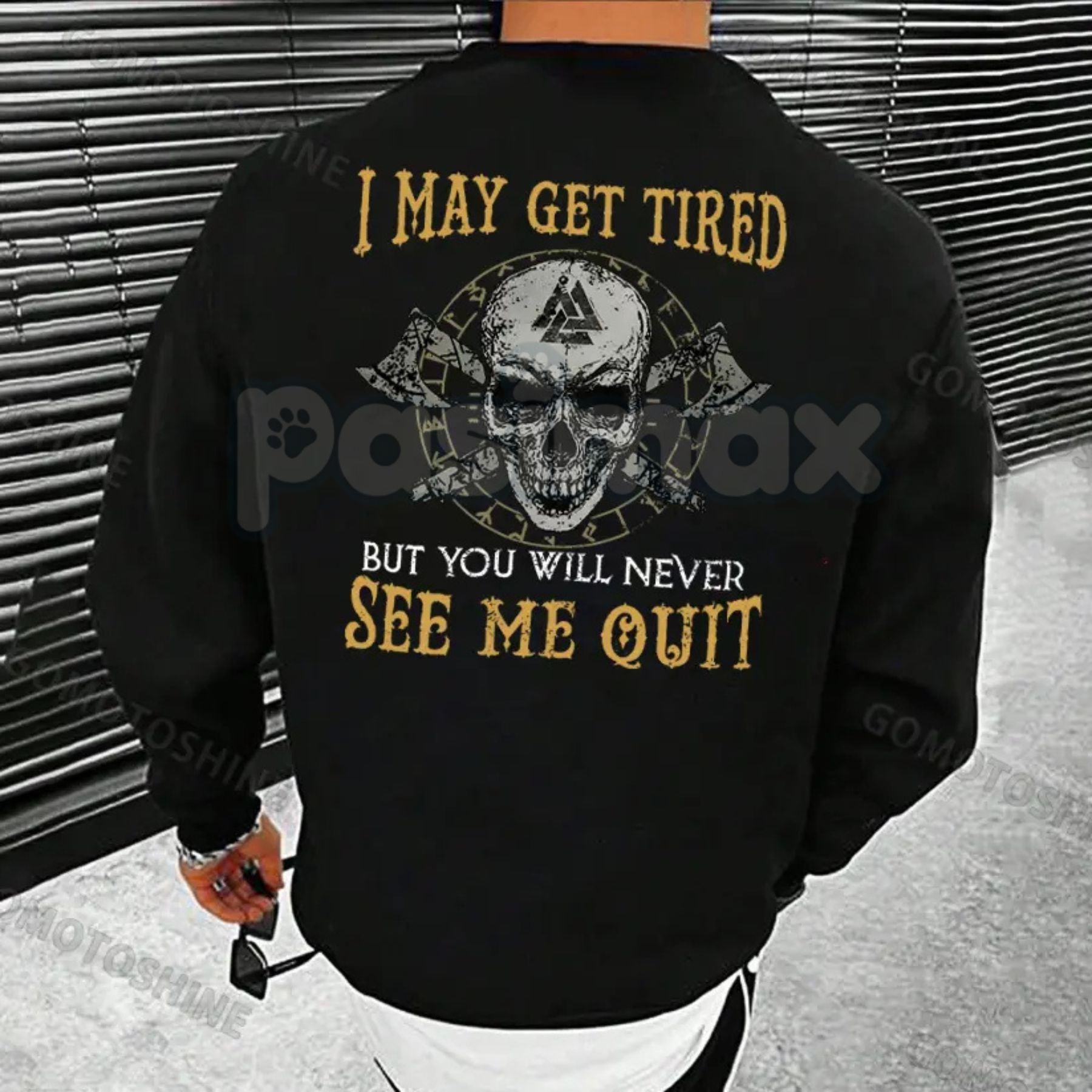 "I May Get Tired But You Will Never See Me Quit" Skull Print T-Shirt â Motivational Graphic Tee, Unisex Hoodie & Sweatshirt