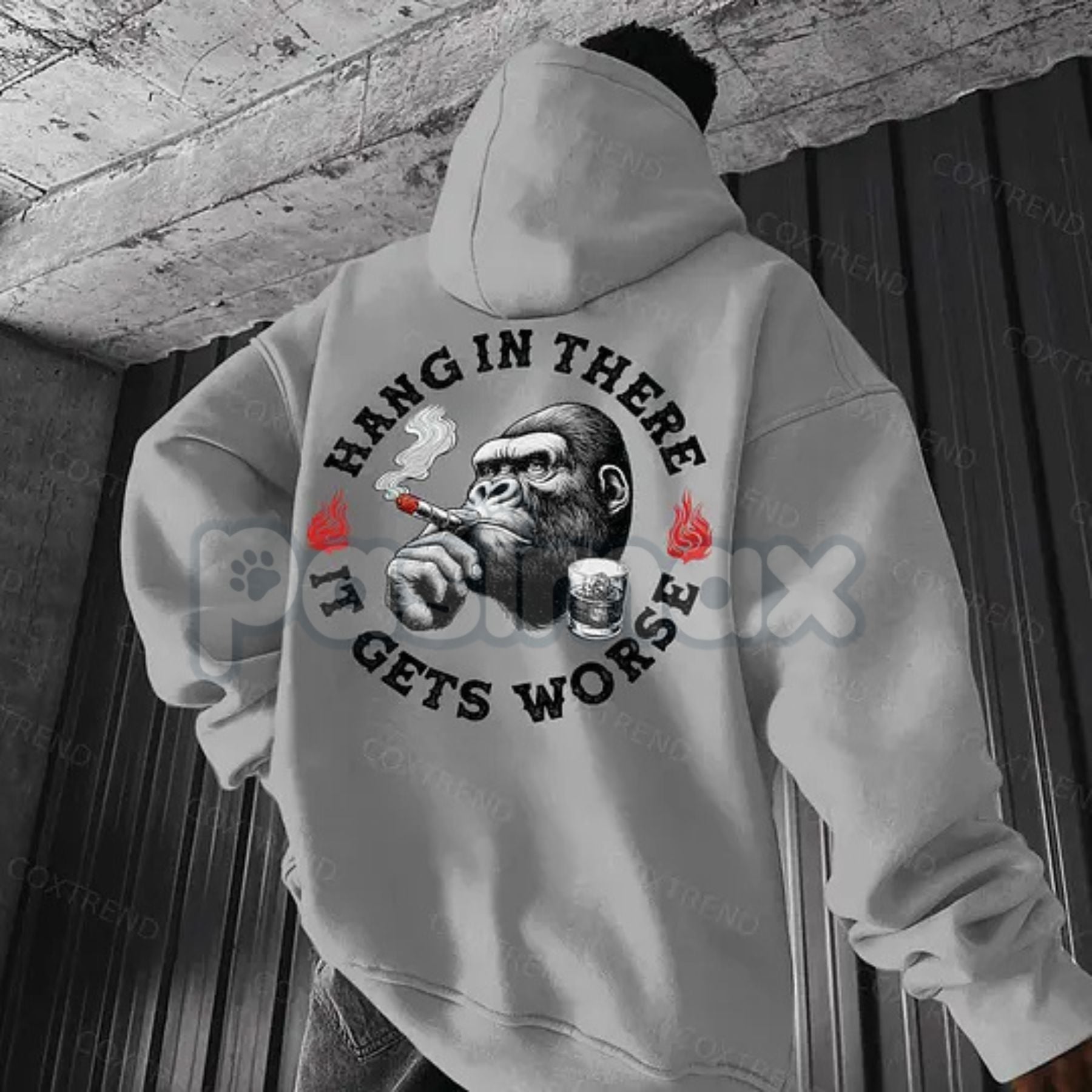 "Hang In There It Gets Worse" Monkey Hoodie â Sarcastic Nihilist Humor Pullover, Funny Nihilism Ape Graphic, Unisex