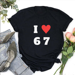 "I Love 6 7" Crewneck T-shirt - Funny Graphic Tee, Stylish Casual White Shirt