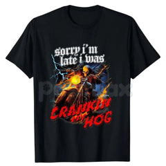 "Crankin My Hog" Horror Skeleton T-Shirt - Funny Biker Humor Graphic Tee, Skeleton Riding Motorcycle Men's Shirt, Sarcastic Irony Biker Culture Apparel