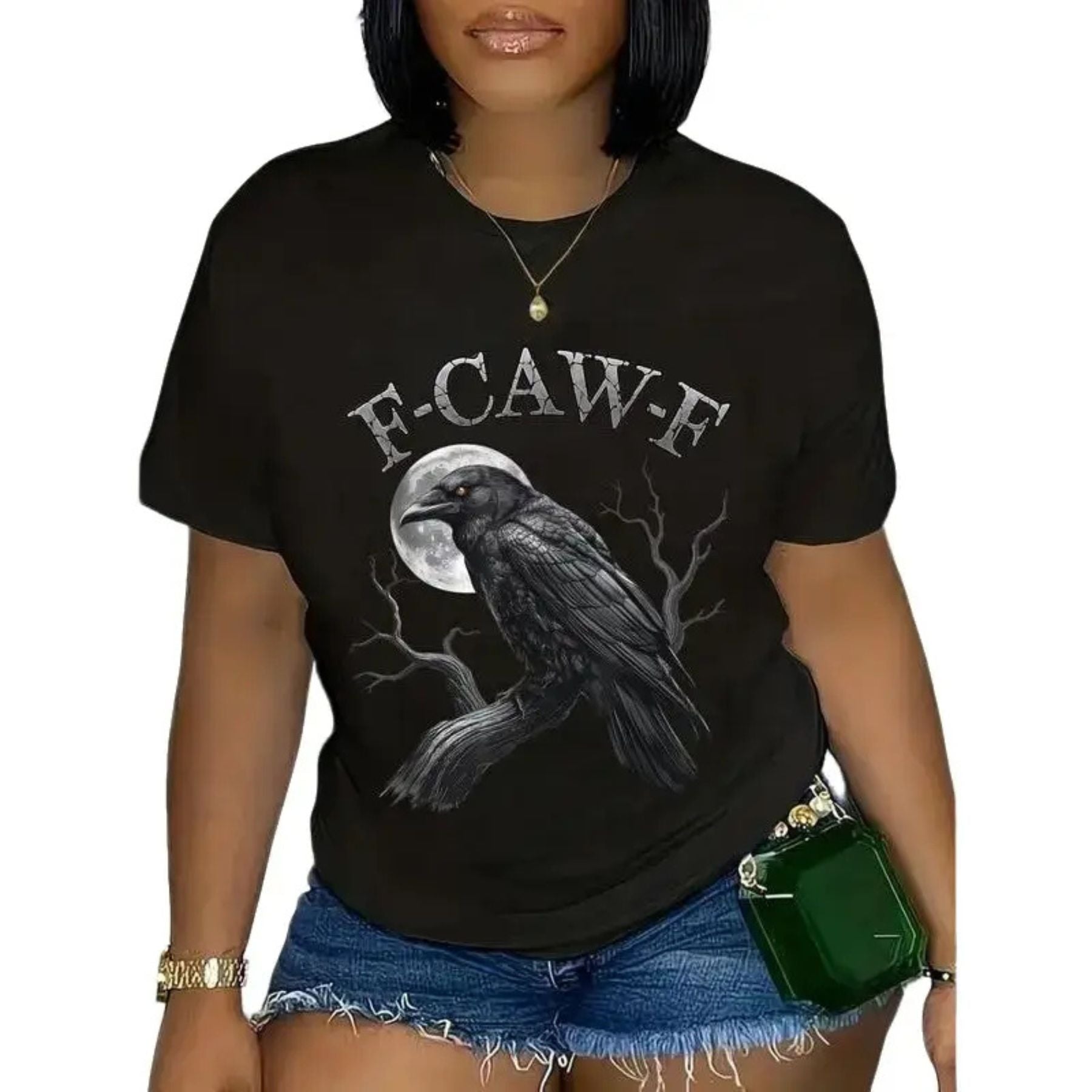 "F-CAW-F" Black Bird Moon T-Shirt - Funny Gothic Adult Humor Tee, Vintage Streetwear Top