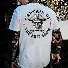 "Captain Of The Shit Show" T-Shirt - Skull Print Men's Tee, Funny & Casual Crewneck Top