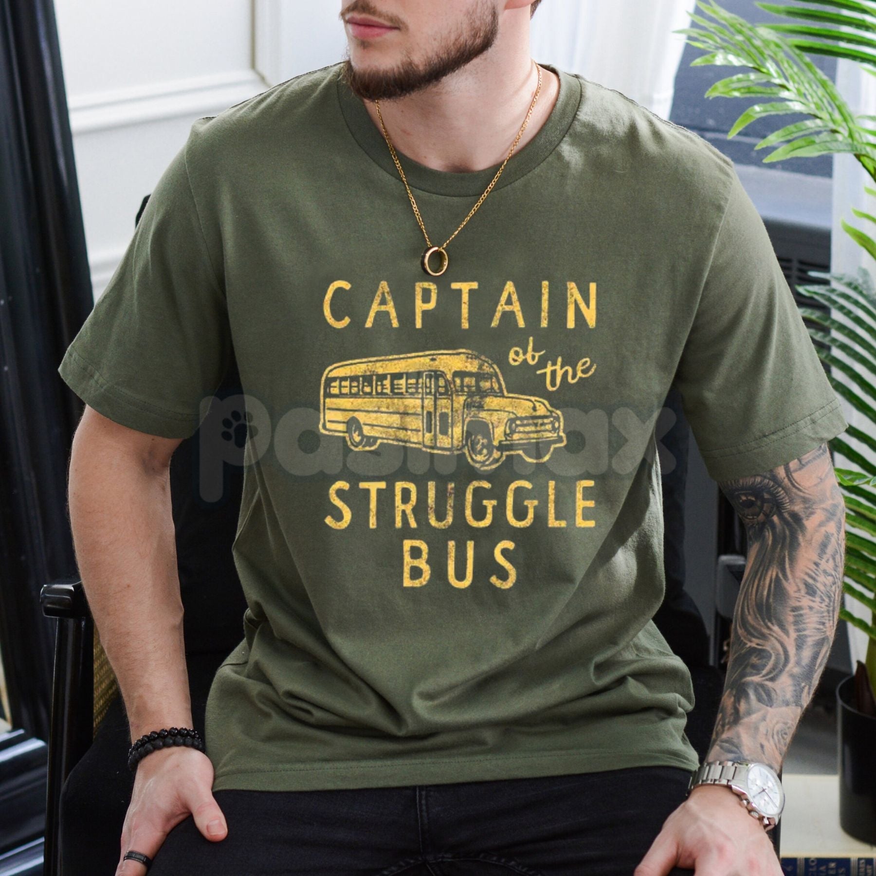 "Captain of The Struggle Bus" Funny T-Shirt â Sarcastic School Bus Graphic Tee, Premium 100% Cotton Novelty Humor Top, Soft Lived-In Heavyweight Relatable Parenting Shirt, Made in USA