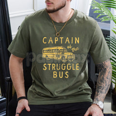 "Captain of The Struggle Bus" Funny T-Shirt â Sarcastic School Bus Graphic Tee, Premium 100% Cotton Novelty Humor Top, Soft Lived-In Heavyweight Relatable Parenting Shirt, Made in USA