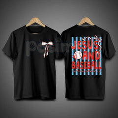 "2 Sides: Jesus & Baseball" Coquette T-Shirt â Cute Christian Athlete Graphic Tee, Premium 100% Cotton Pink Bow Baseball Top, Soft Lived-In Heavyweight Faith & Sports Shirt, Made in USA