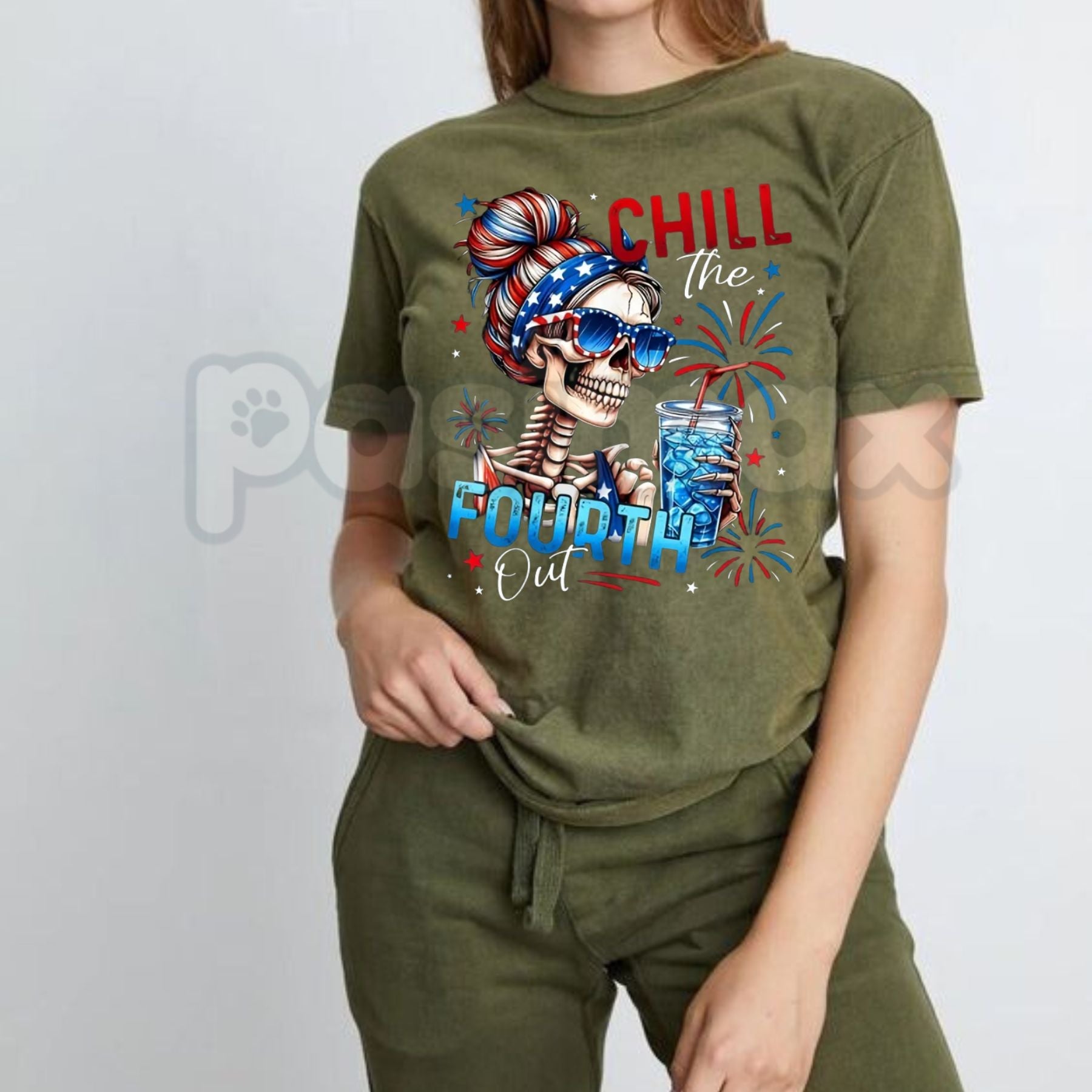 "Chill The Fourth Out" Patriotic Skeleton T-Shirt â 2026 Spring & Summer Men's Graphic Tee, Premium 100% Cotton 4th of July Top, Soft Lived-In Heavyweight Americana Skeleton Shirt, Made in USA