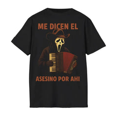 "Me Dicen El Asesino Por Ahi" T-Shirt - Funny Horror Movie Villains Accordion Tee, Jason, Freddy, Ghostface, Michael Myers