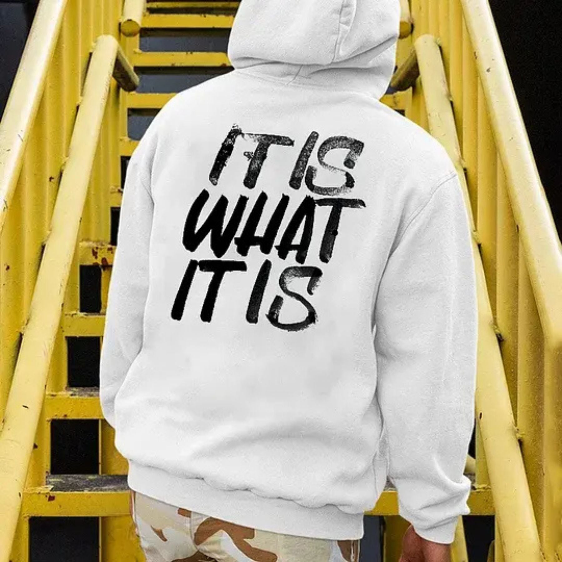 "It Is What It Is" Distressed Print Hoodie â Basic Men's Casual Pullover, Laid-Back Vibe Streetwear