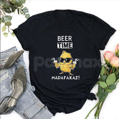 "Beer Time" Rustic Chicken Graphic T-Shirt - Bold Funny Drinking Apparel, Farm Humor Casual Tee, Weekend Relaxation Slogan Shirt