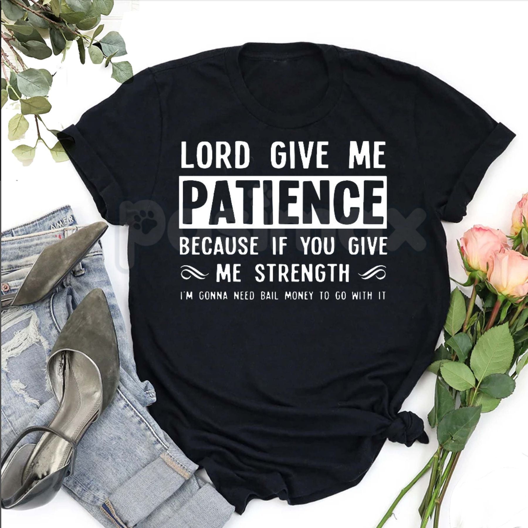 "Lord Give Me Patience" Casual T-Shirt â Funny Crew Neck Graphic Tee, Premium 100% Cotton Sarcastic Religious Humor Top, Soft Lived-In Heavyweight Relatable Statement Shirt, Made in USA