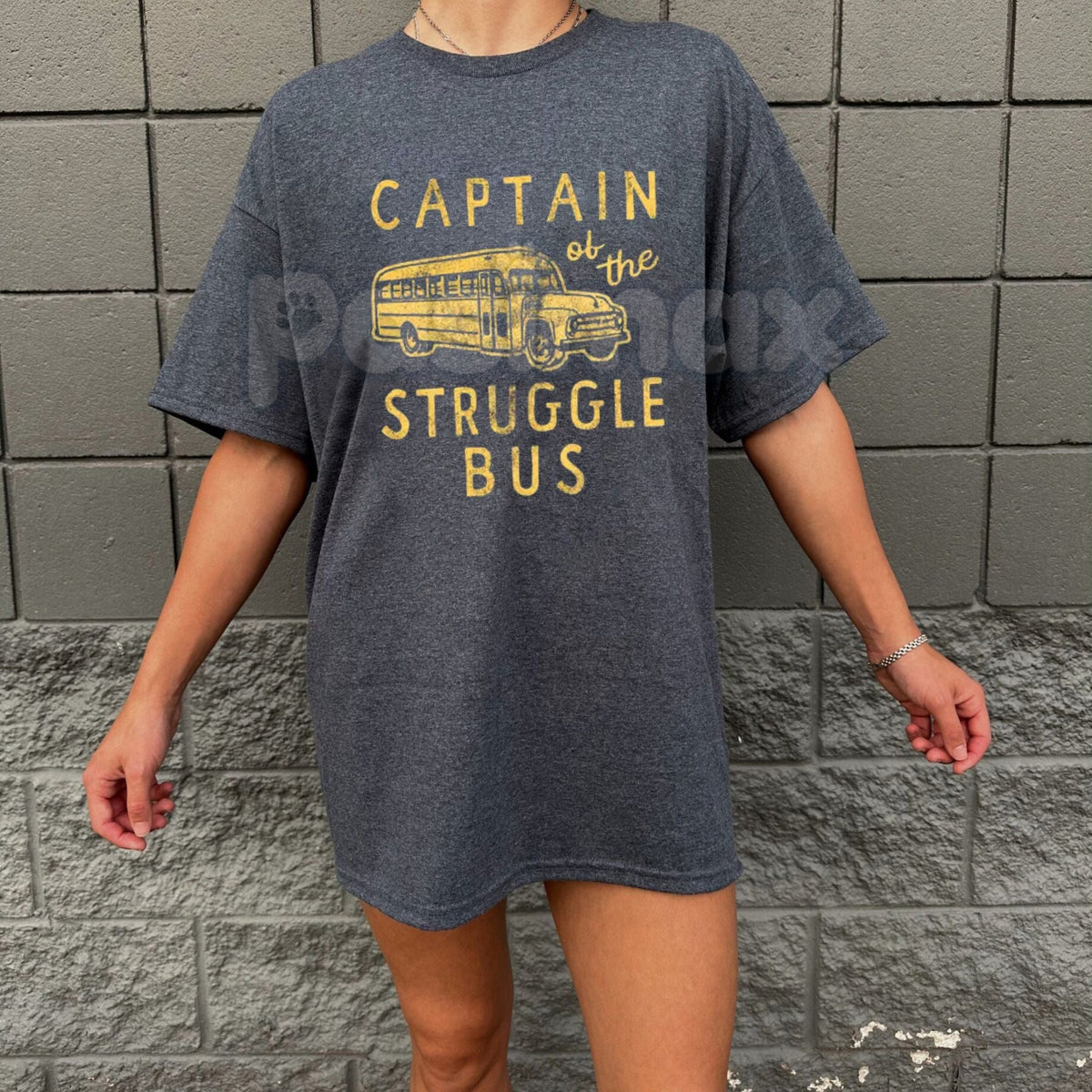 "Captain of The Struggle Bus" Funny T-Shirt â Sarcastic School Bus Graphic Tee, Premium 100% Cotton Novelty Humor Top, Soft Lived-In Heavyweight Relatable Parenting Shirt, Made in USA