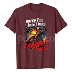 "Crankin My Hog" Horror Skeleton T-Shirt - Funny Biker Humor Graphic Tee, Skeleton Riding Motorcycle Men's Shirt, Sarcastic Irony Biker Culture Apparel
