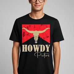 "Howdy Putos" Rebel Cowboy T-Shirt - Unisex Bull Skull Outlaw Graphic Tee, Edgy Country Slang Apparel, Western Heritage Humor