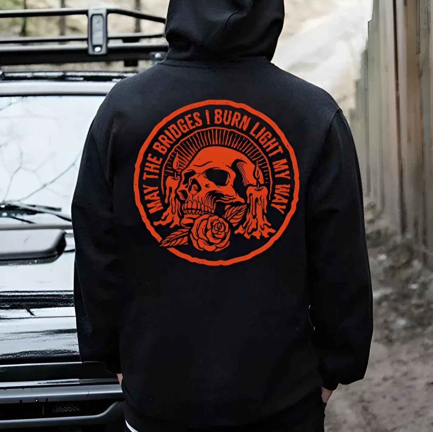 "May the Bridges I Burn Light My Way" Skull Print Hoodie â Men's Bold Statement Pullover, Edgy Streetwear