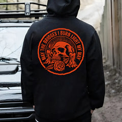 "May the Bridges I Burn Light My Way" Skull Print Hoodie â Men's Bold Statement Pullover, Edgy Streetwear